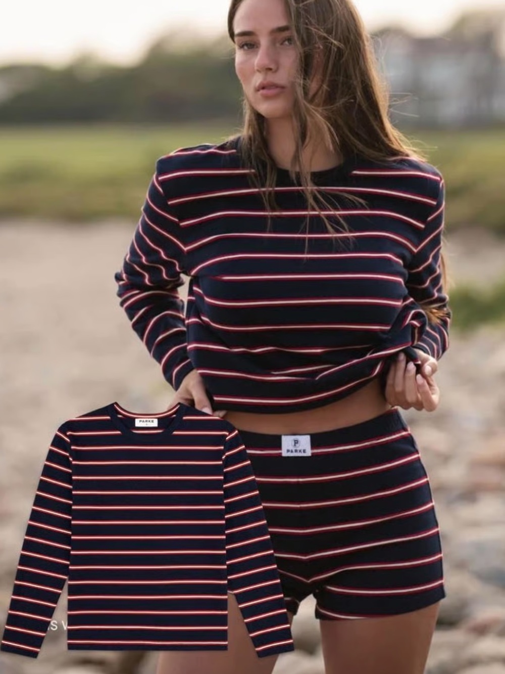 PARKS Navy & Coral Striped Long Sleeve Tee